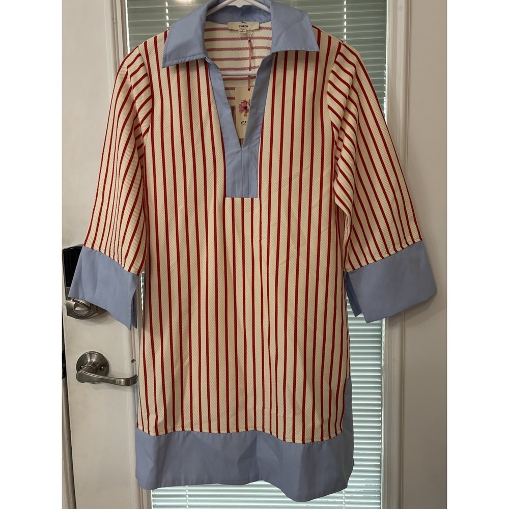 Entro Women's S Striped Block 3/4 Sleeve V-Neck Shift Mini Dress - Picture 5 of 12